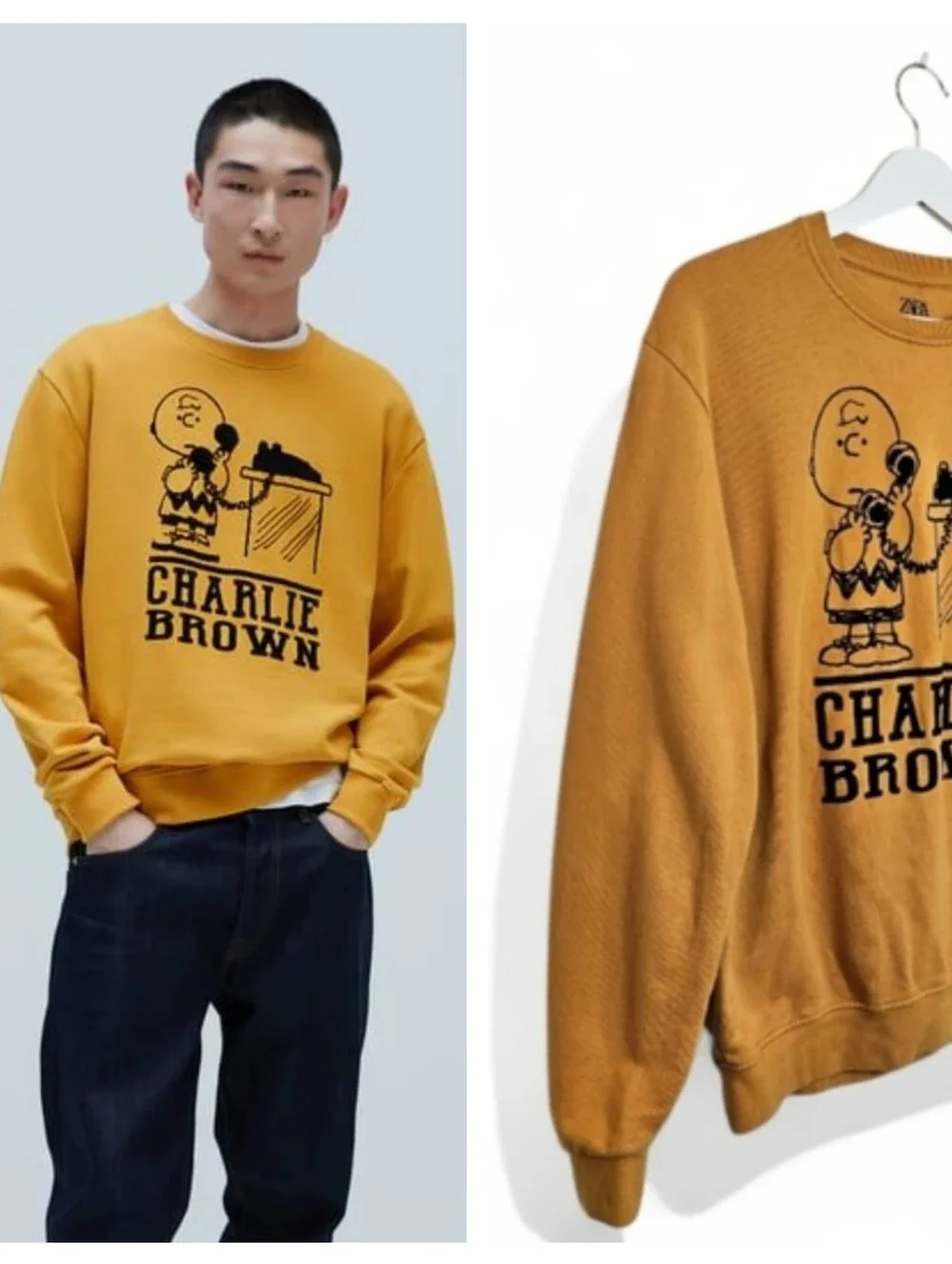 Zara x Peanuts Men's Sweatshirt S Charlie Brown Graphic Crewneck Mustard Yellow